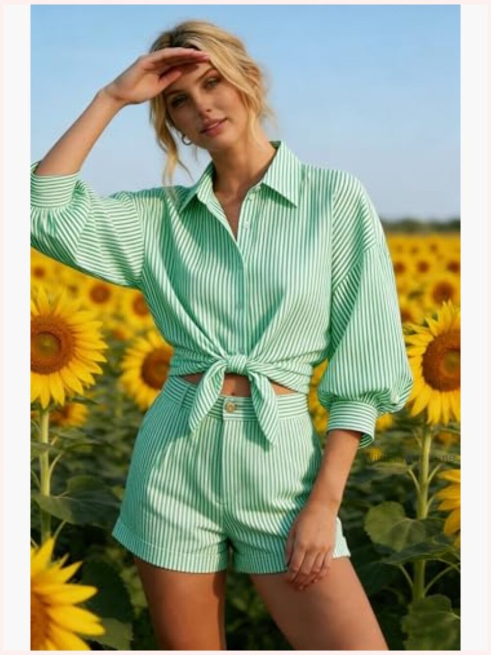Women's Striped Button Down Shirt 3/4 Puff Sleeve V Neck Blouse - Picture 3 of 7